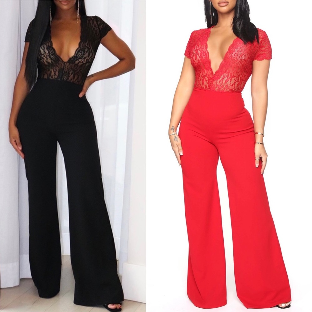 Wide Leg Deep V-Neck Lace Jumpsuit
